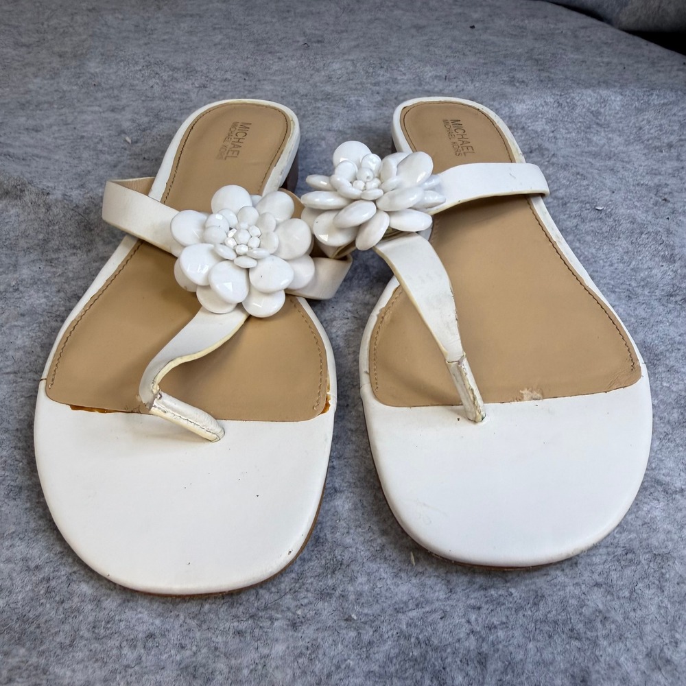 Michael Kors Womens White Leather Floral Thong Sandals Size 8M Flat T-Strap